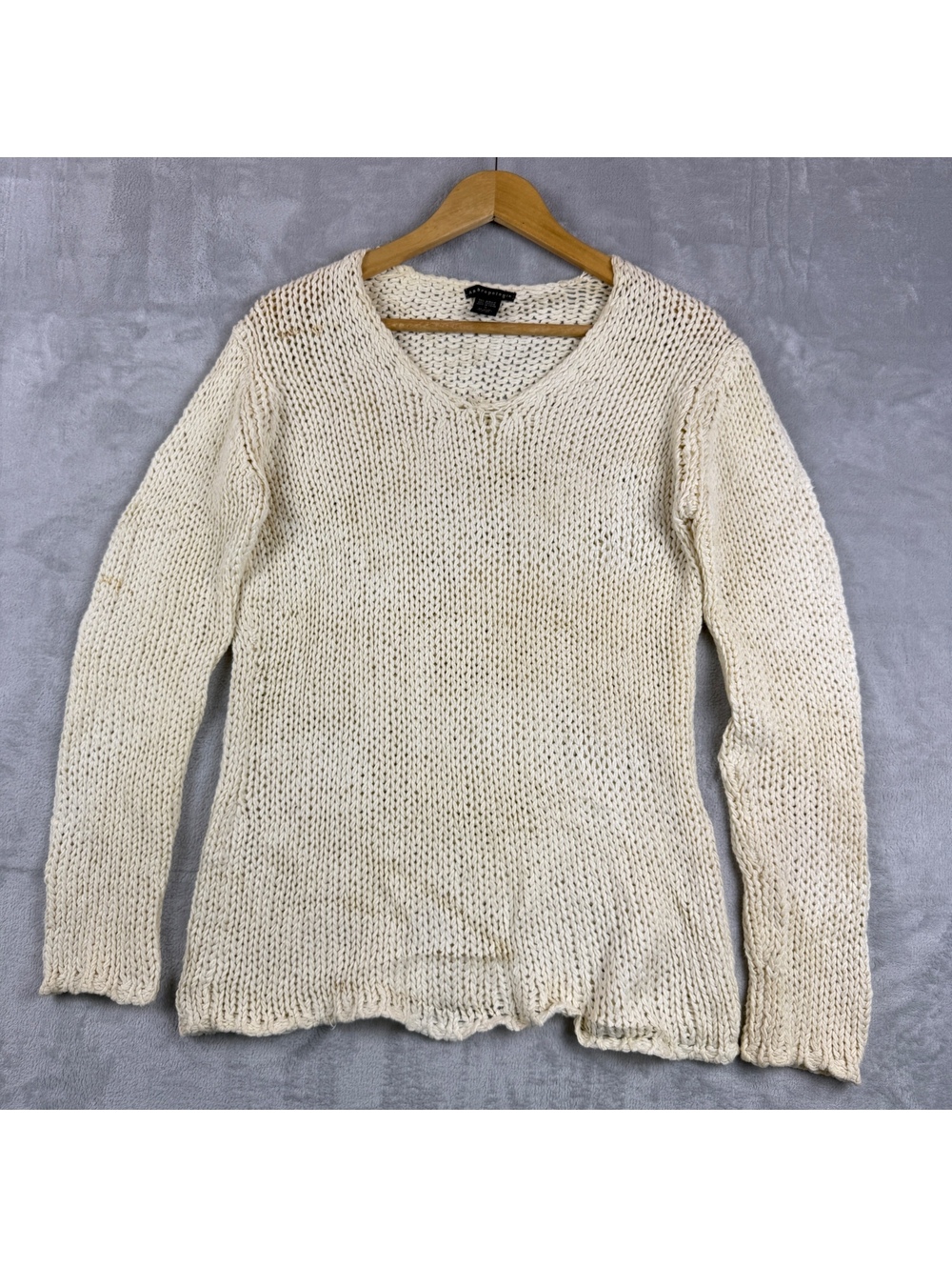 Anthropologie Women’s Small Ivory Chunky Knit Cotton Acrylic V Neck Sweater Boho